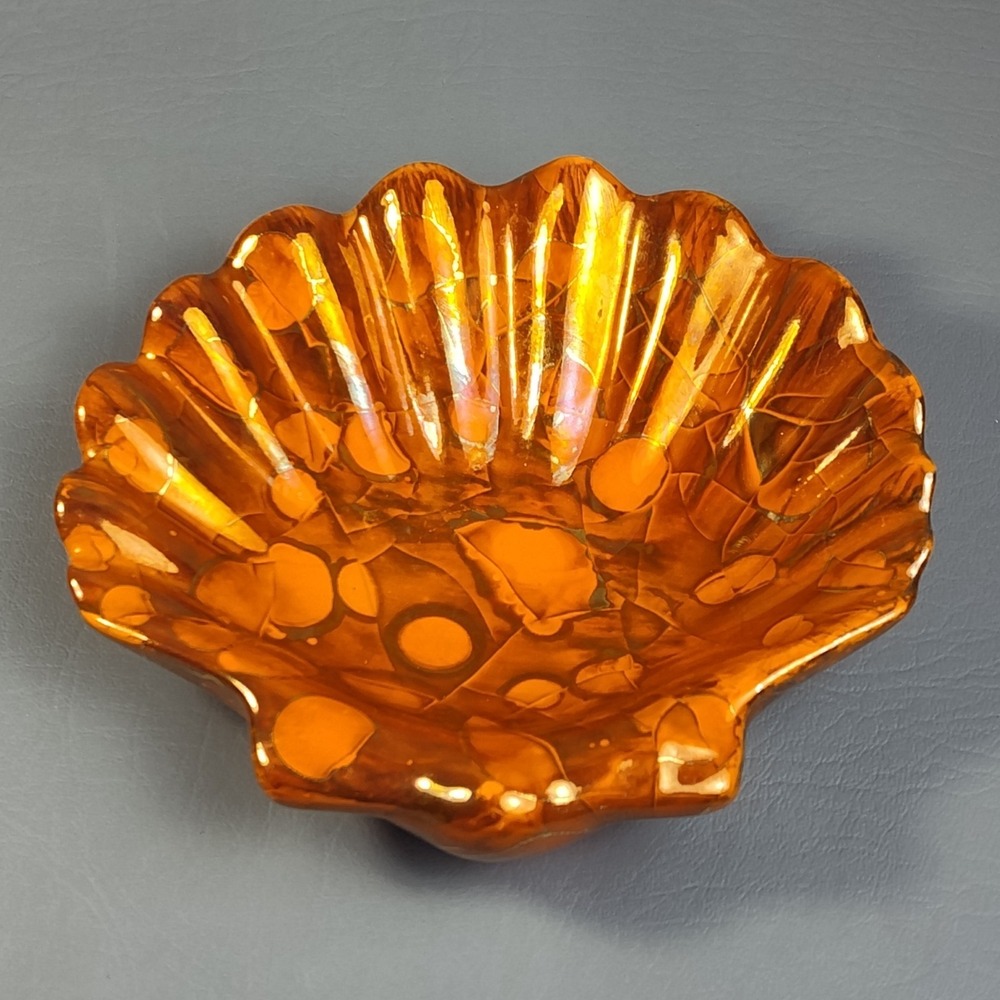 Vintage MCM Clamshell Ashtray Trinket Soap Dish Orange‎ Gold Mosaic Crackle